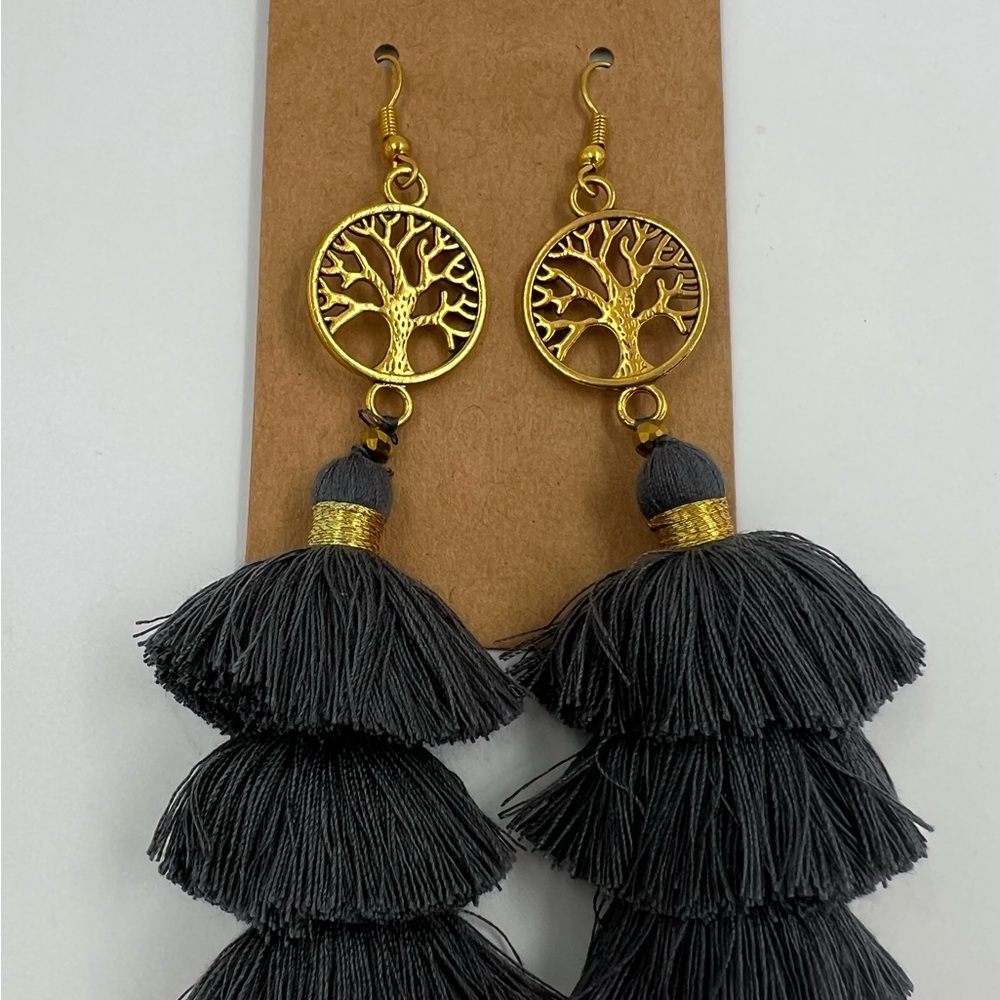 New Gold Tone Tree of Life and Dark Gray Tassel Earrings